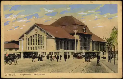 Ansichtskarte Darmstadt Bahnhof, belebt - Künstlerkarte 1913