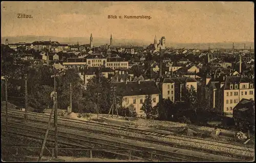Ansichtskarte Zittau Blick v. Kummersberg, Bahnstrecke 1919