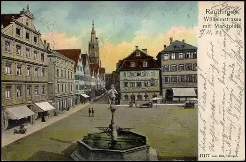 Ansichtskarte Reutlingen Wilhelmstrasse mit Marktplatz 1902