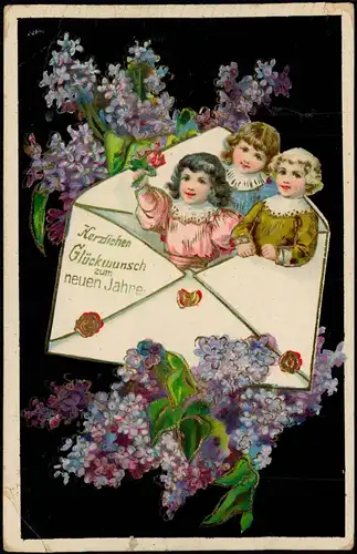 Ansichtskarte  Neujahr Sylvester New Year Kinder im Brief 1910 Prägekarte