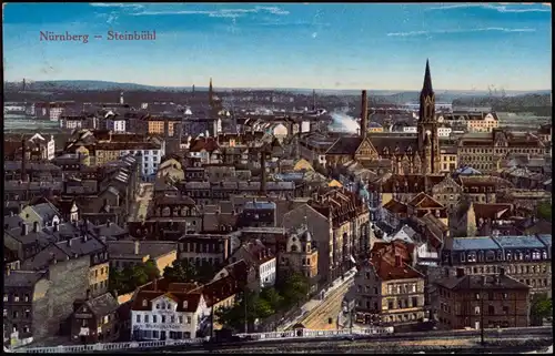Ansichtskarte Steinbühl-Nürnberg Stadtpartie, Straße, Fabrik 1915