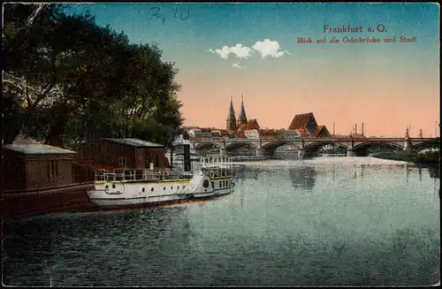 Frankfurt (Oder) Oderbrücke und Stadt, Dampfer Anlegestelle 1915
