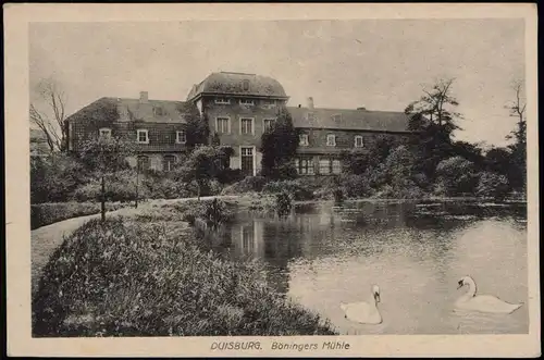 Ansichtskarte Duisburg Böningers Mühle, Teich Schwäne 1918