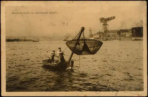 Ansichtskarte Hamburg Wurfnetzfischer im Hamburger Hafen 1915