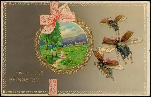 Glückwunsch: Pfingsten fliegende Maikäfer Medaillon 1912 Goldrand/Prägekarte