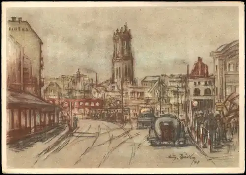 Barmen-Wuppertal ALTER MARKT nach PASTELL VON AUGUST BROCKER, Künstlerkarte 1950