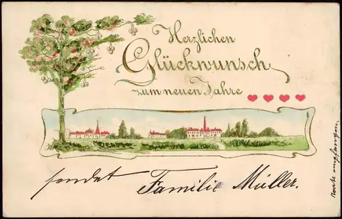 Neujahr Sylvester New Year Kirschbaum Stadt 1904 Goldrand/Prägekarte