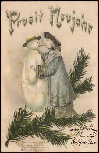 Ansichtskarte  Neujahr Sylvester New Year Frau und Schneemann 1904