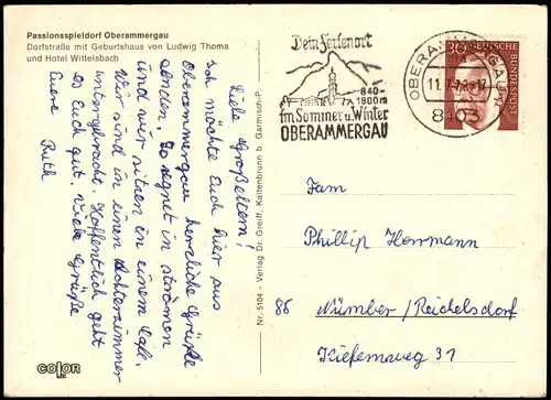 Ansichtskarte Oberammergau Dorfstraße mit Geburtshaus von Ludwig Thoma 1972