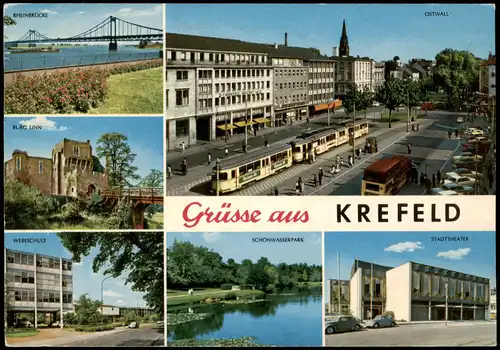Krefeld Crefeld Mehrbild-AK mit Burg Linn, Tram Haltestelle  Webeschule  1975