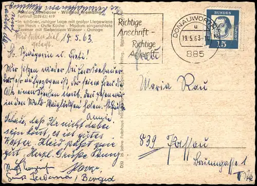Ansichtskarte Wemding Ortsansicht mit Pension Seebauer Wildbad Wemding 1963