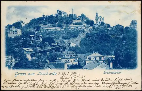 Ansichtskarte Loschwitz-Dresden Drahtseilbahn/Schwebebahn - Blaudruck 1900