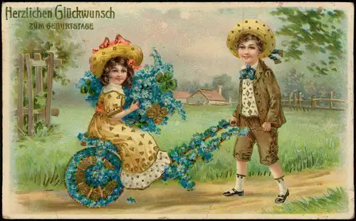 Geburtstag Birthday Junge Mädchen Blumenkarre 1914 Goldrand/Prägekarte