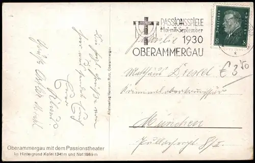 Oberammergau Passionstheater und Kofel 1930 Sonderstempel  Passionsspiele 1930