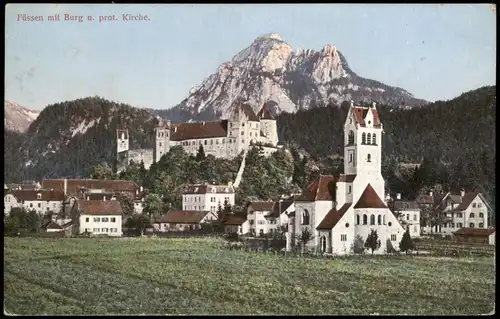 Ansichtskarte Füssen Panorama-Ansicht mit Burg und prot. Kirche 1910