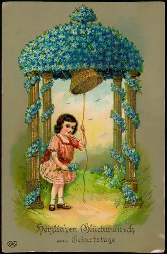 Glückwunsch Geburtstag Birthday Mädchen läutet Glocke 1912 Goldrand/Prägekarte