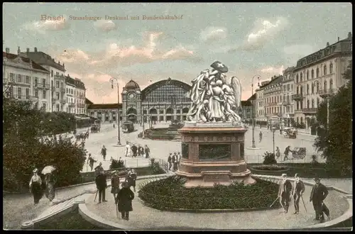 Ansichtskarte Basel Strassburger Denkmal mit Bundesbahnhof 1910