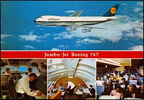 Ansichtskarte  Lufthansa Jumbo Jet Boeing 747 mit Innenansichten 1975