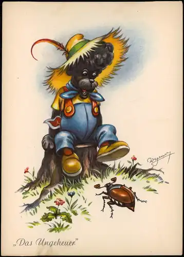 DDR Kunst Künstlerkarte "Das Ungeheuer" Pudel erschrickt vor Käfer 1957