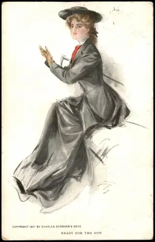 Künstlerkarte (Art) Kunstwerk Frau mit Hut und Stock (aus den USA) 1907