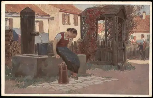 "Jetzt geh i ans Brünnele" Künstlerkarte (Volksliederkarte Paul Hey) 1920