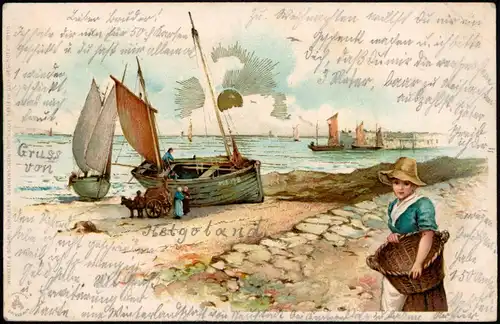 Ansichtskarte  Künstlerkarte Goldsonne Frau Schiffe Meer 1899