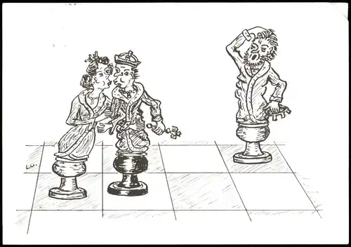 Schach-Spiel (Chess) Motivkarte Illustration mit Spielfiguren 1994