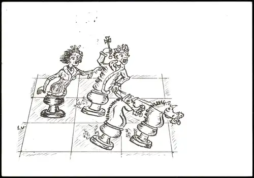 Schach-Spiel (Chess) Motivkarte Illustration einiger Spielfiguren 1993