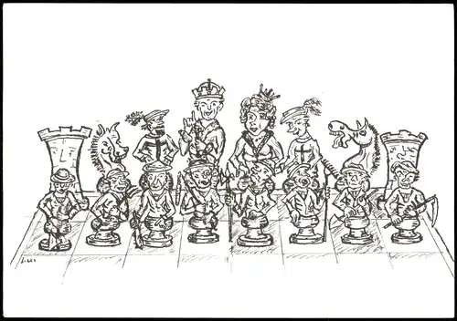 Schach-Spiel (Chess) Motivkarte Zusammenstellung div. Spielfiguren 1994