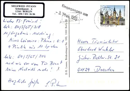 Schach-Spiel (Chess) Motivkarte mit Spiel-Figuren auf Schachbrett 1995