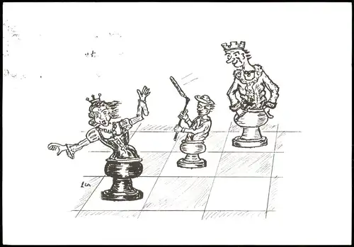 Schach-Spiel (Chess) Motivkarte mit 3 lustigen Spielfiguren 1993