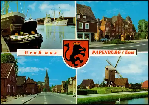 Ansichtskarte Papenburg (Ems) Hafen, Straße, Windmühle 1979