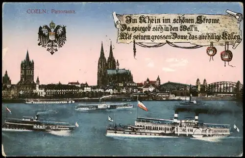 Ansichtskarte Köln Panorama-Ansicht mit Rhein Schiffen, Dampfer 1919