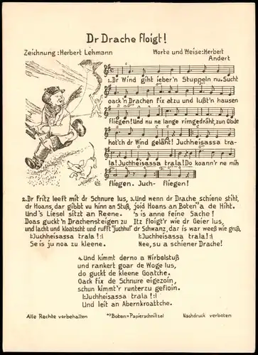 Dr Drache Floigt! Liedkarte Mundart Text, Zeichnung H. Lehmann 1930