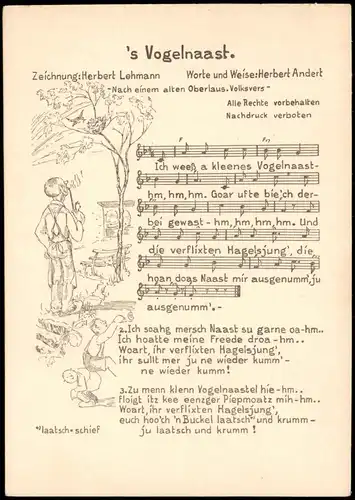 Liedkarte "s Vogelnaast" Zeichnung Herbert Lehmann Worte   Herbert Andert 1930