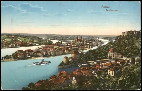 Ansichtskarte Passau Panorama-Ansicht 3-Flüsse-Stadt-Ansicht 1915