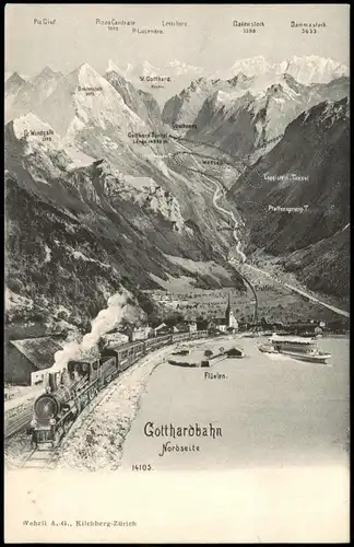 .Schweiz Gotthardbahn Eisenbahn Zug bei Flüelen, Schweizer Berge 1910