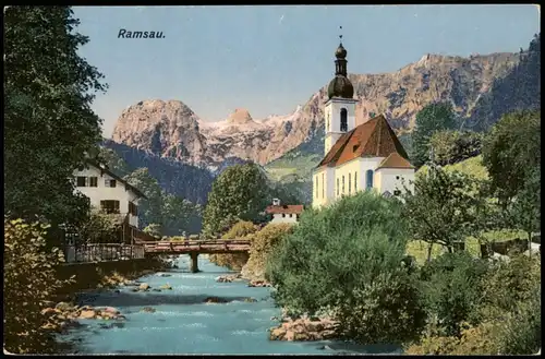 Ramsau bei Berchtesgaden Panorama-Ansicht, Fluss Partie, Kirche 1923/1922