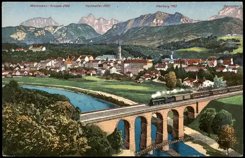 Ansichtskarte Traunstein Panorama-Ansicht mit Eisenbahn Brücke 1920