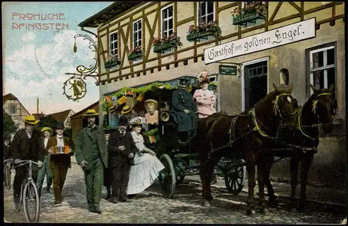 Ansichtskarte  Glückwunsch: Pfingsten Umzug Fuhrwek Gasthof zum Engel 1900