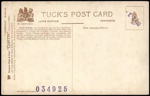 Postcard Cambridge Caius College, Gate of Honour (Künstlerkarte) 1910