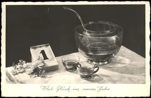 Ansichtskarte  Grusskarte Neujahr (New Year) Motiv Kalender und Bowle 1938