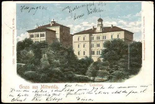 Ansichtskarte Mittweida Technikum 1908  Schiffsstempel Sassnitz- Trelleborg