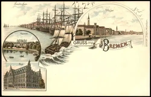 Ansichtskarte Bremen Litho AK: Hafen, Meierei, Weser, Post 1908