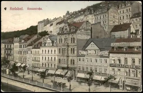 Postcard Karlsbad Karlovy Vary Kreuzstrasse, Geschäfte, Werbung 1909