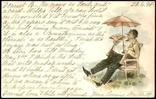 Ansichtskarte  Mann entspannt auf Bank - Litho AK 1898  gel. A-Stempel Kristiana