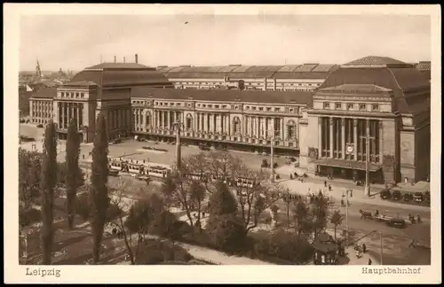 Ansichtskarte Leipzig Hauptbahnhof, Straße u Straßenbahn 1928