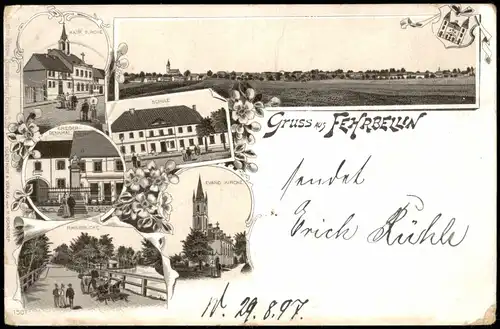 Litho AK Fehrbellin Kirche, Stadt, Schule. Kriegerdenkmal, Rhinbrücke 1897