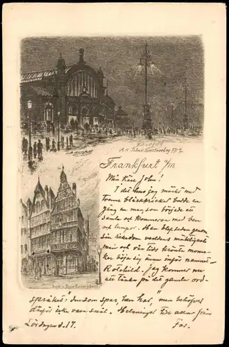 Frankfurt am Main Hauptbahnhof bei Nacht, Altstadt 2 Bild Federzeichnung 1899
