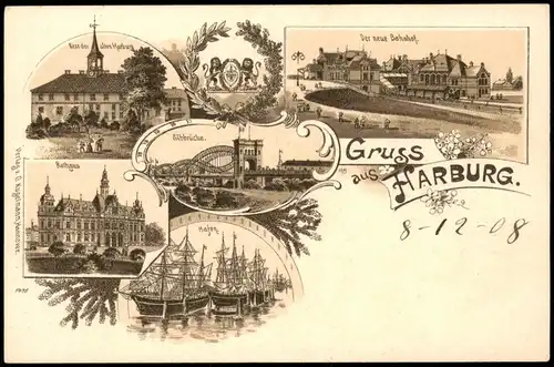 Ansichtskarte Litho AK Harburg-Hamburg Bahnhof, Hafen, Alt-Harburg 1908